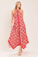 TROPICAL TEMPTATION HALTER WOVEN MIDI DRESS - Flying Tomato - Flyclothing LLC