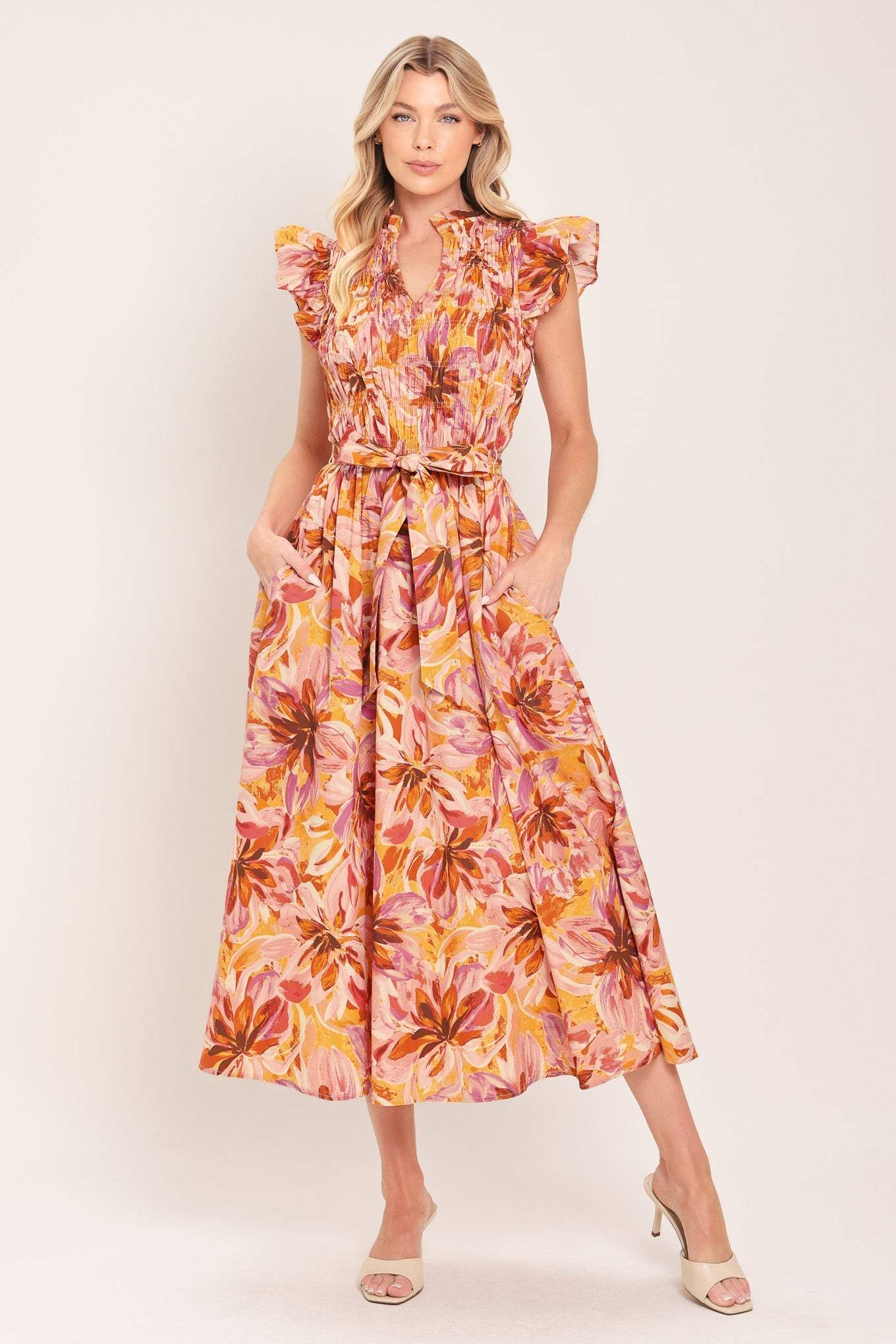 APRICOT BLOSSOM WOVEN MIDI DRESS - Flying Tomato - Flyclothing LLC