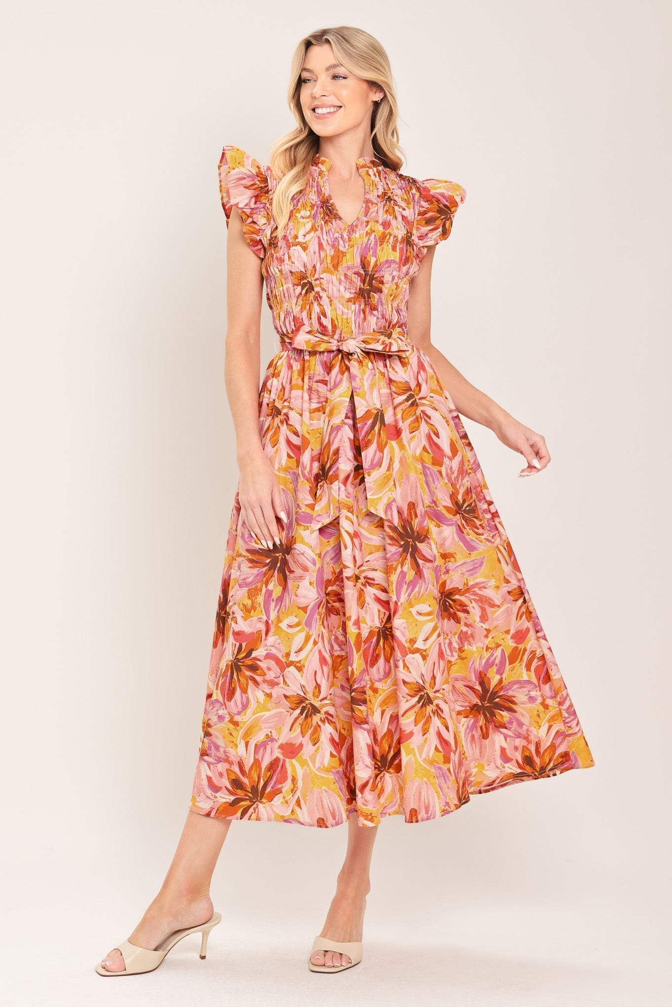APRICOT BLOSSOM WOVEN MIDI DRESS - Flying Tomato - Flyclothing LLC