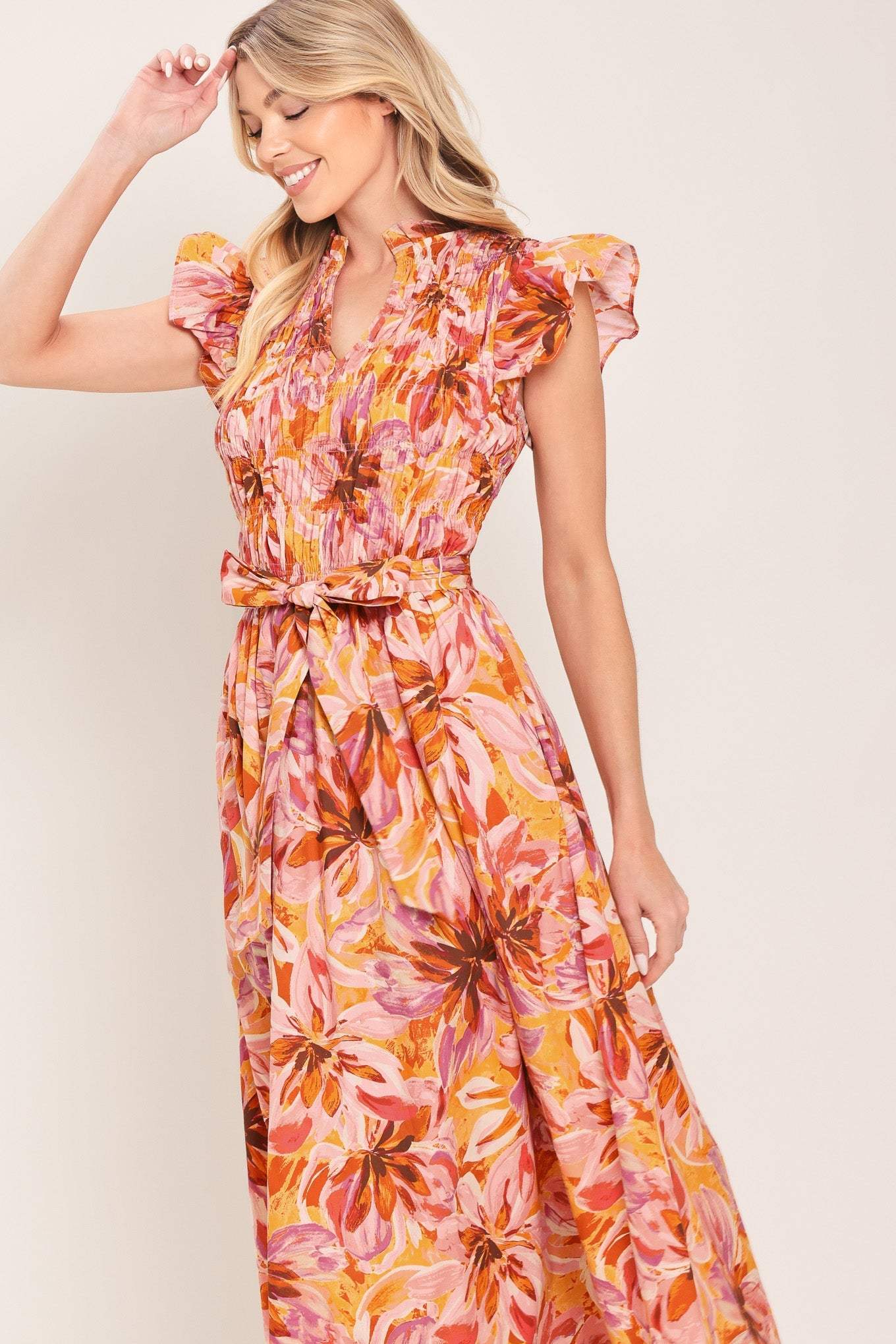 APRICOT BLOSSOM WOVEN MIDI DRESS - Flying Tomato - Flyclothing LLC