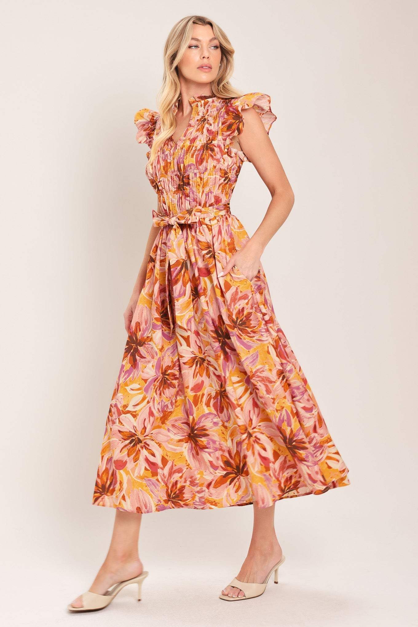 APRICOT BLOSSOM WOVEN MIDI DRESS - Flying Tomato - Flyclothing LLC