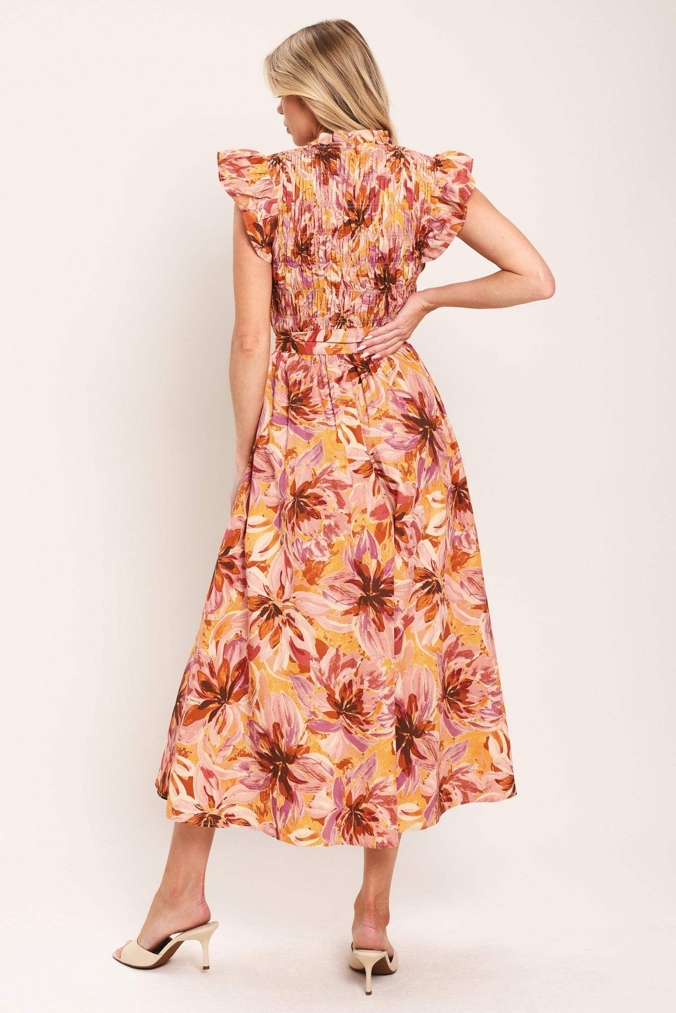 APRICOT BLOSSOM WOVEN MIDI DRESS - Flying Tomato - Flyclothing LLC