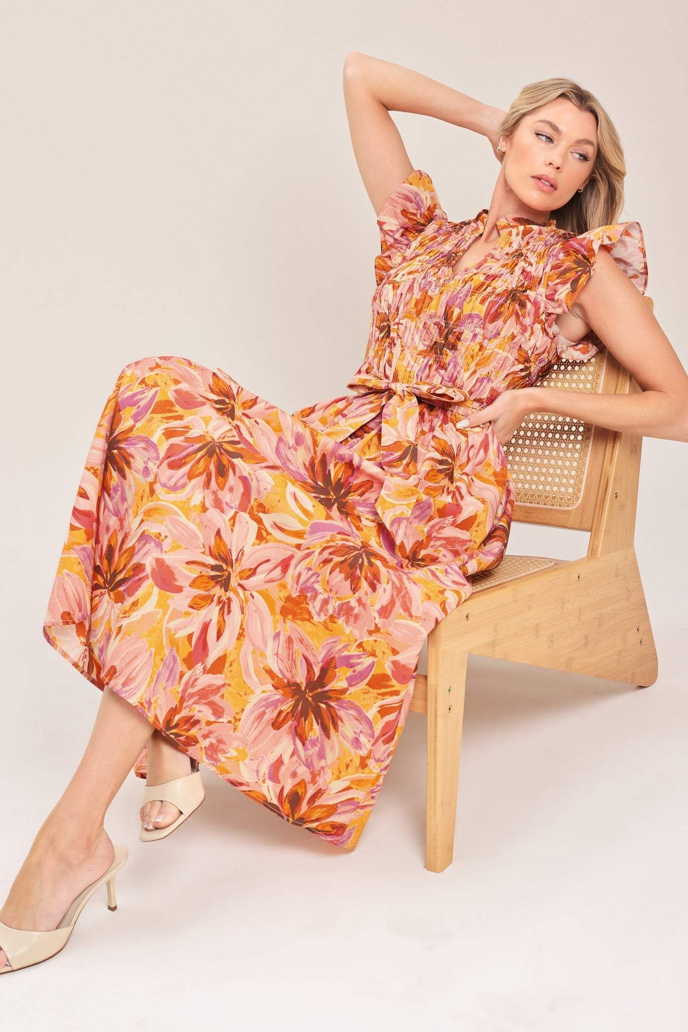 APRICOT BLOSSOM WOVEN MIDI DRESS - Flying Tomato - Flyclothing LLC