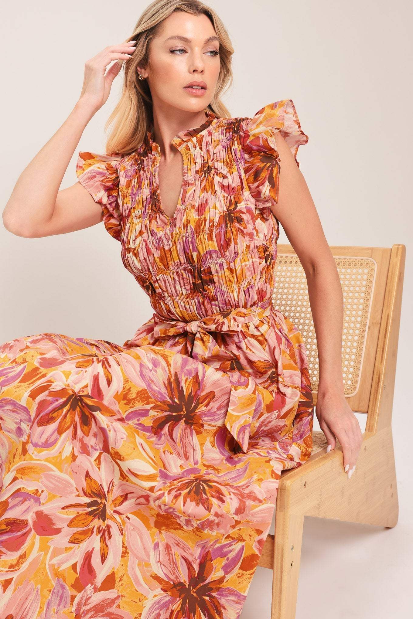 APRICOT BLOSSOM WOVEN MIDI DRESS - Flying Tomato - Flyclothing LLC