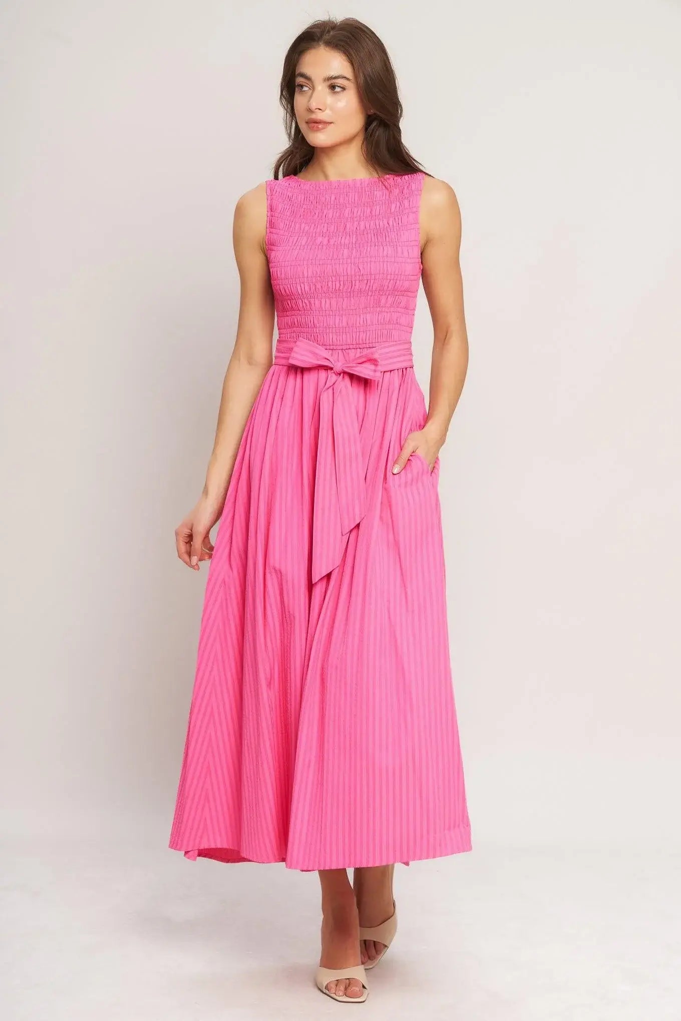 PINK RADIANCE WOVEN MIDI DRESS - Flying Tomato - Flyclothing LLC