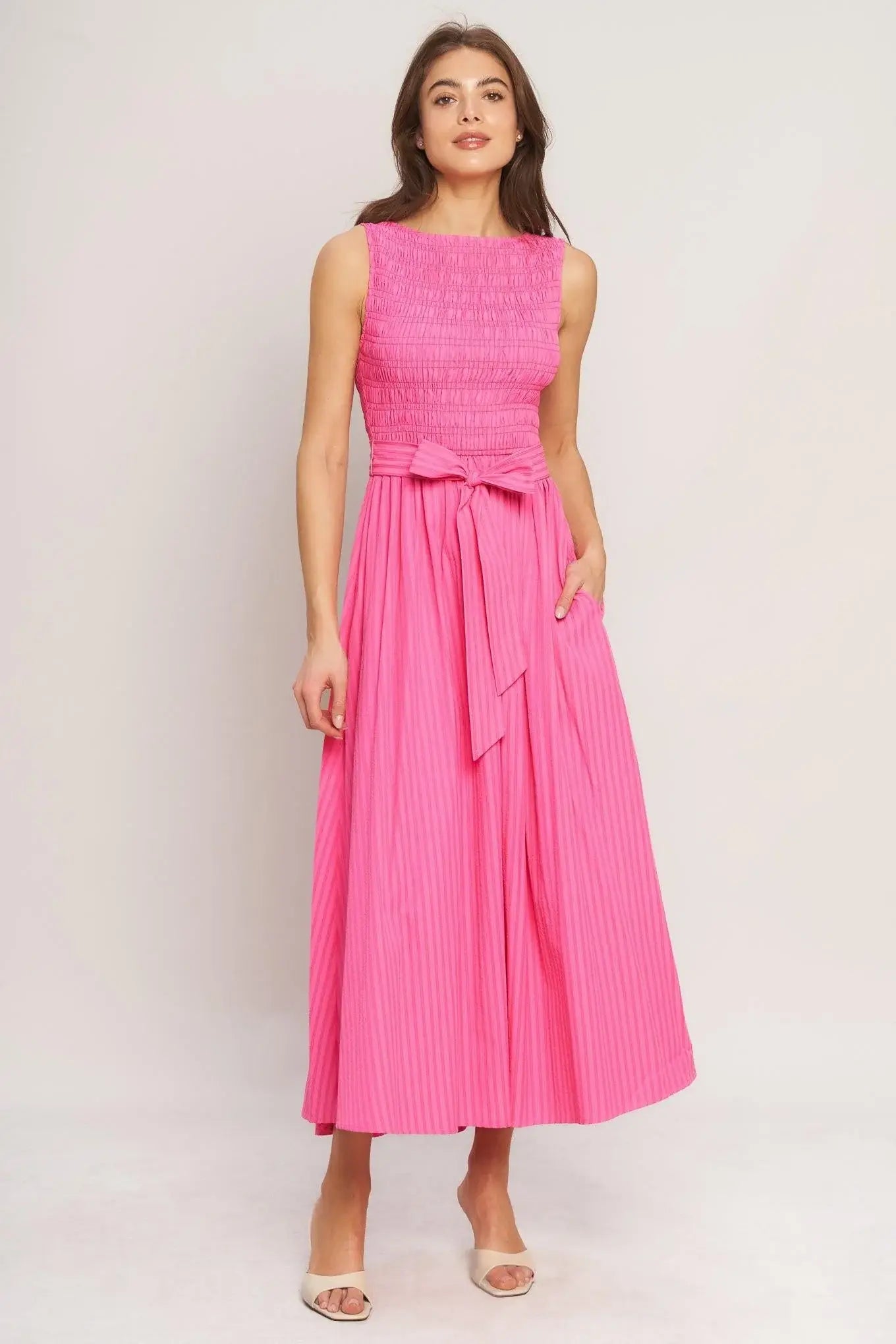 PINK RADIANCE WOVEN MIDI DRESS - Flying Tomato - Flyclothing LLC