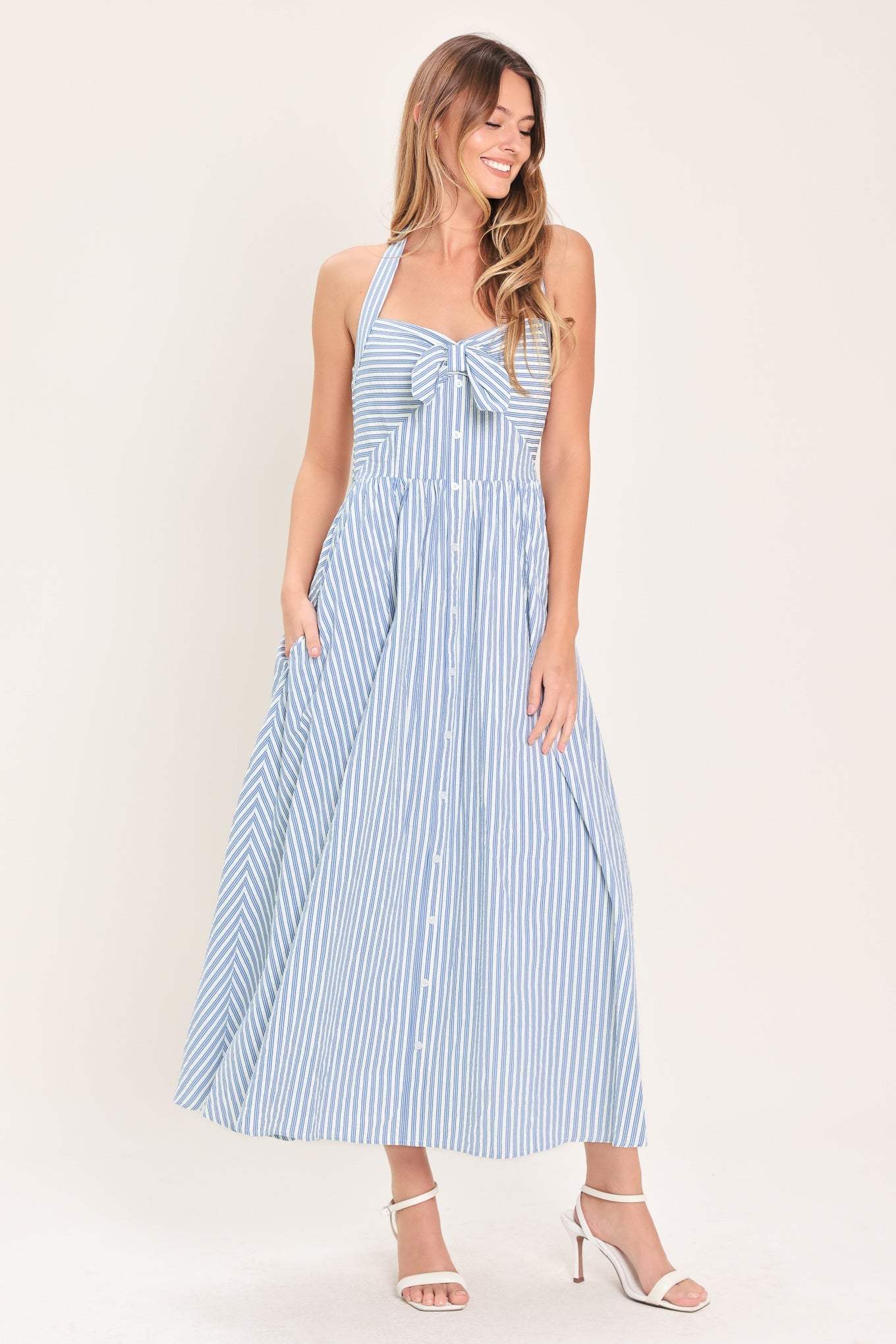 FRESH DAY STRIPE WOVEN MIDI DRESS - Flying Tomato - Flyclothing LLC