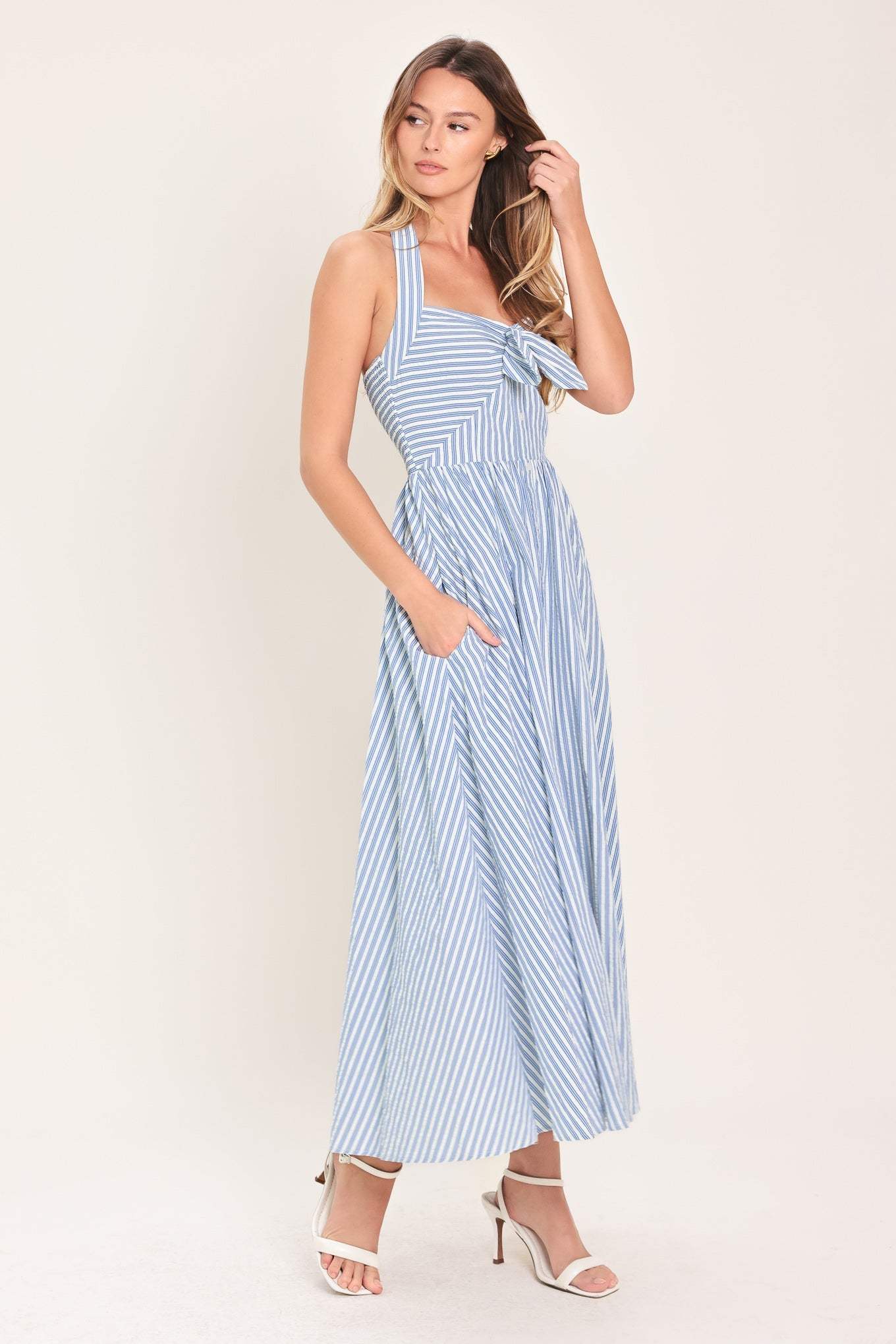 FRESH DAY STRIPE WOVEN MIDI DRESS - Flying Tomato - Flyclothing LLC