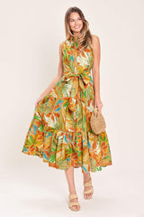 TROPICAL BLOOM TIERED WOVEN MIDI SHIRT DRESS - Flying Tomato - Flyclothing LLC