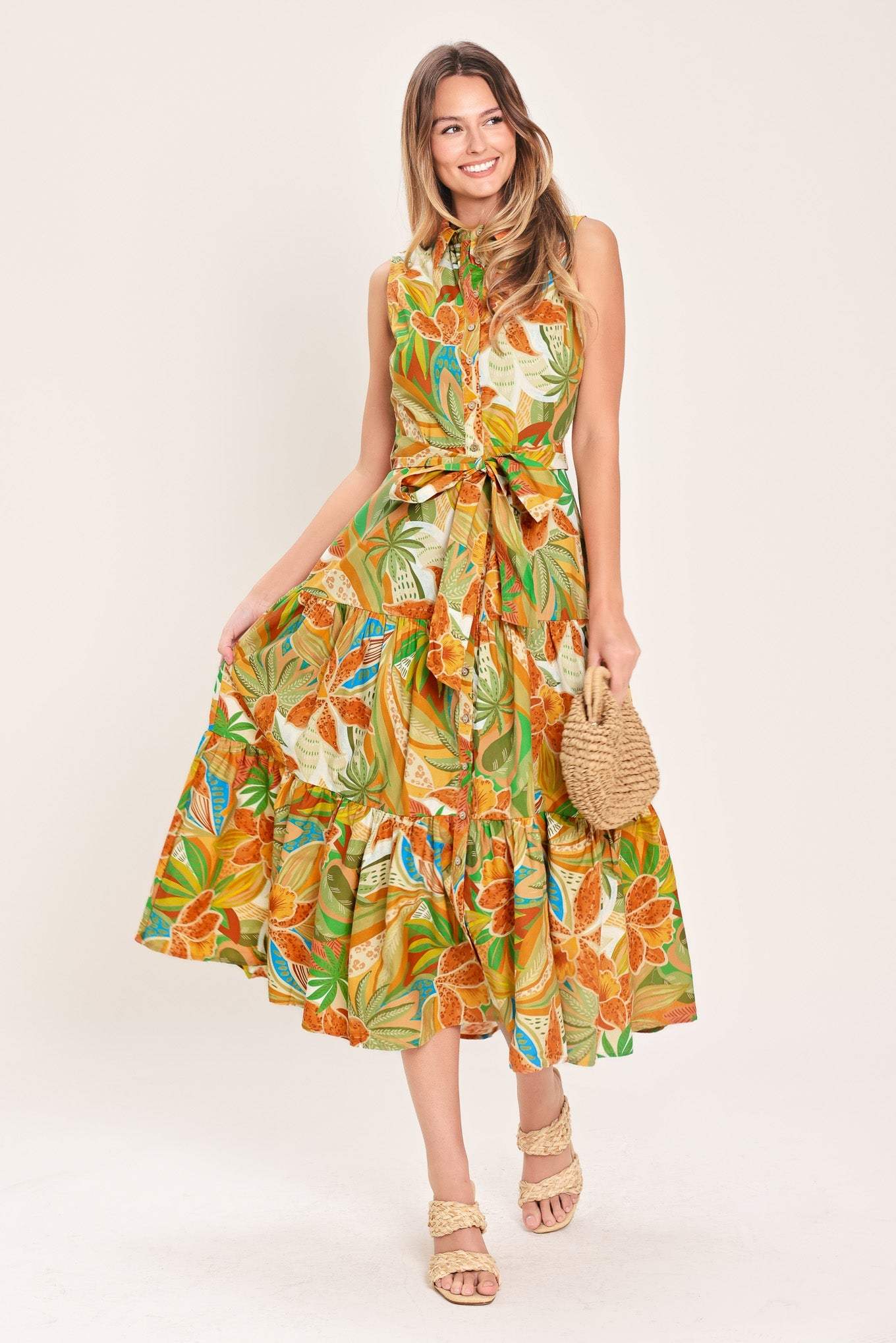 TROPICAL BLOOM TIERED WOVEN MIDI SHIRT DRESS - Flying Tomato - Flyclothing LLC