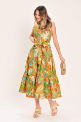 TROPICAL BLOOM TIERED WOVEN MIDI SHIRT DRESS - Flying Tomato - Flyclothing LLC