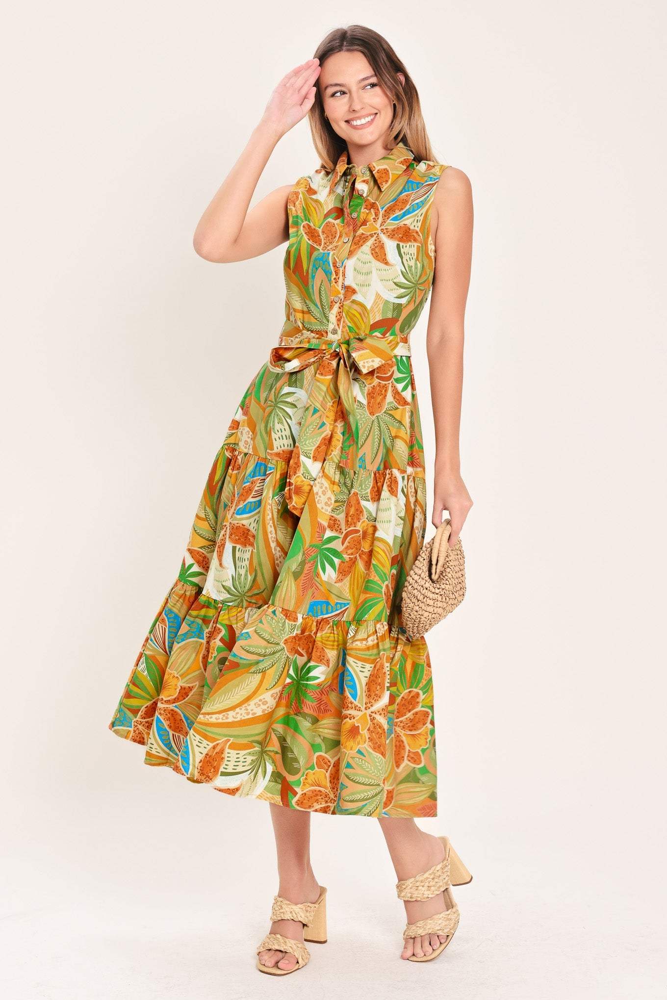 TROPICAL BLOOM TIERED WOVEN MIDI SHIRT DRESS - Flying Tomato - Flyclothing LLC