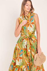 TROPICAL BLOOM TIERED WOVEN MIDI SHIRT DRESS - Flying Tomato - Flyclothing LLC