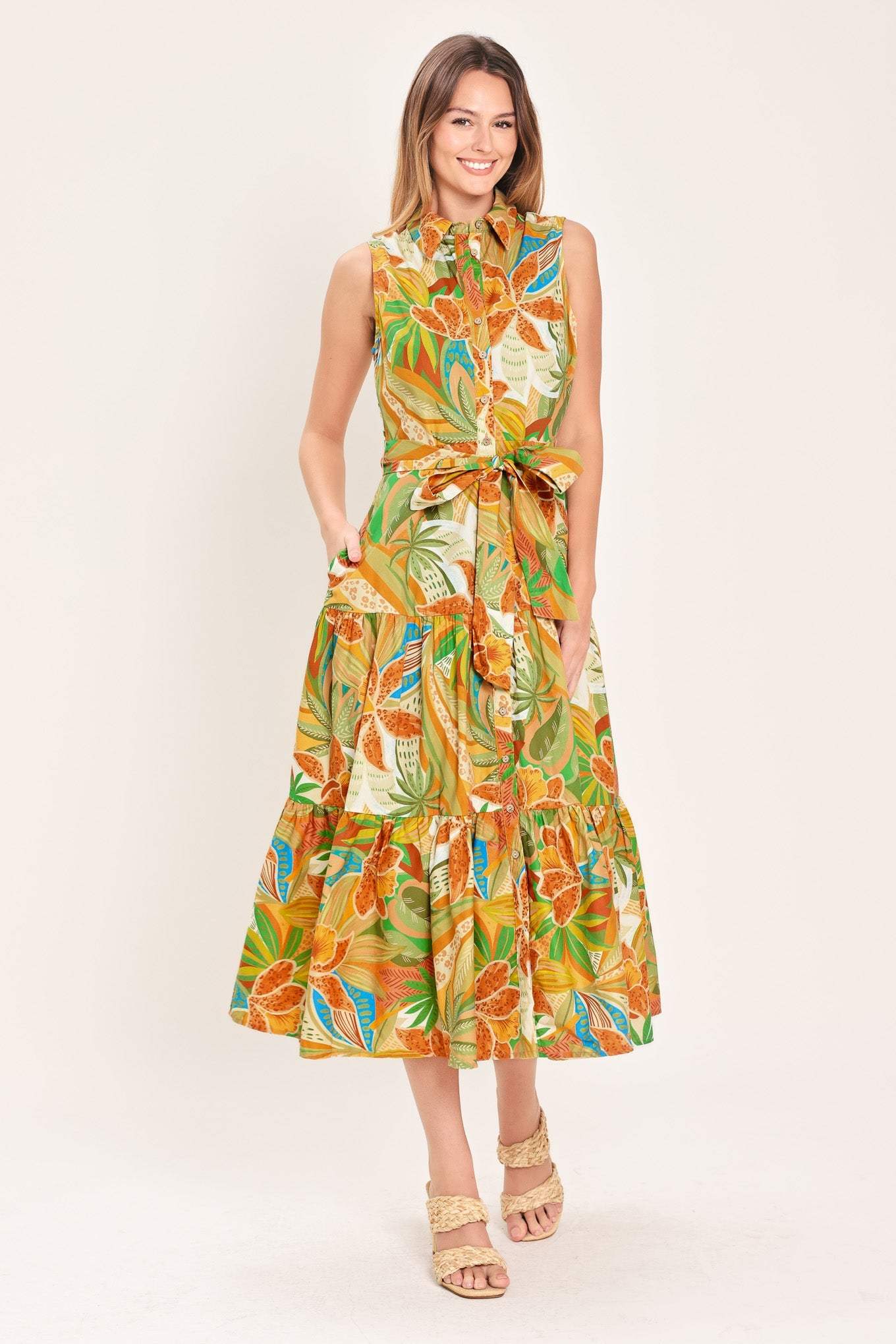 TROPICAL BLOOM TIERED WOVEN MIDI SHIRT DRESS - Flying Tomato - Flyclothing LLC