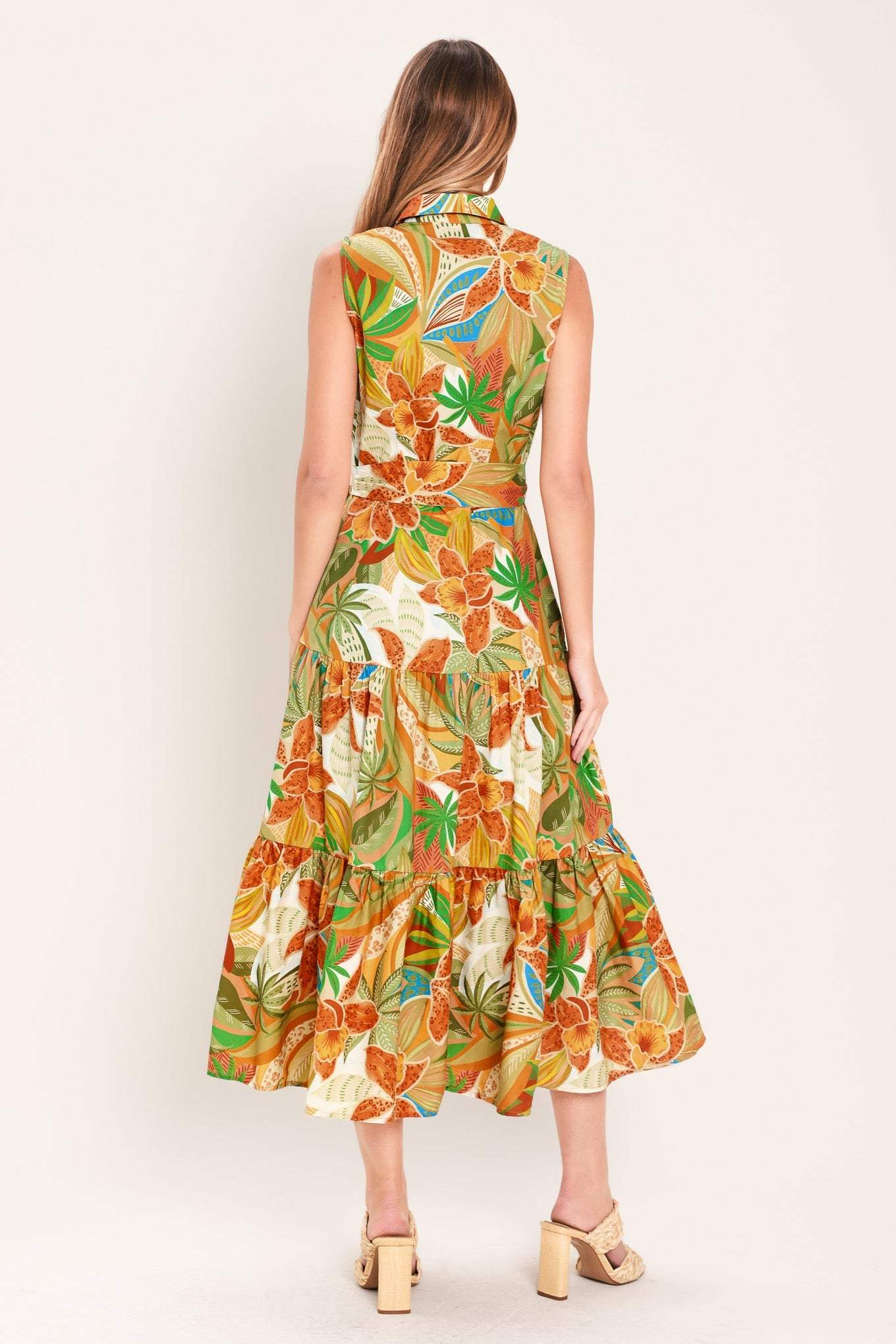 TROPICAL BLOOM TIERED WOVEN MIDI SHIRT DRESS - Flying Tomato - Flyclothing LLC