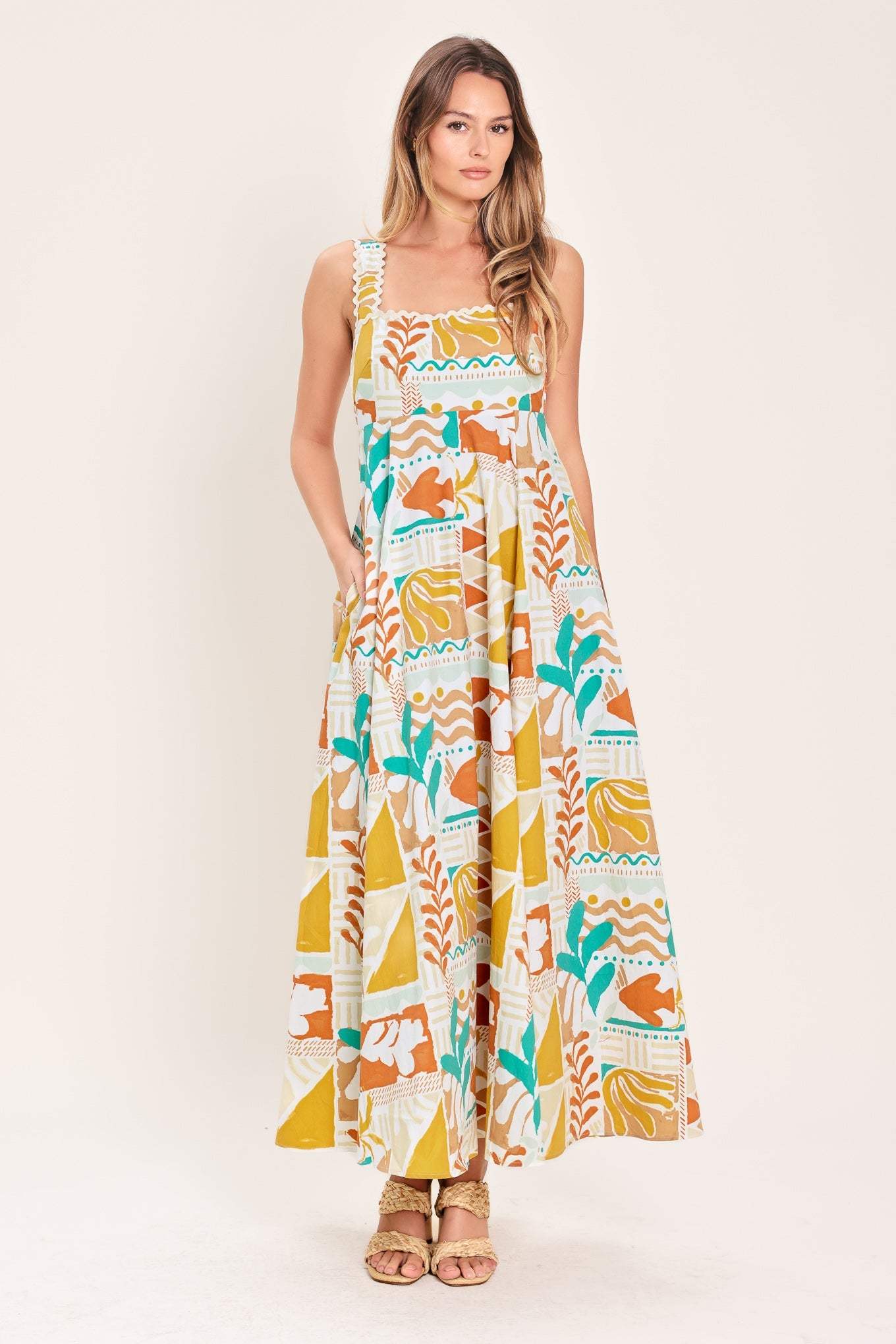 SUNSET MOSAIC WOVEN MIDI DRESS - Flying Tomato - Flyclothing LLC