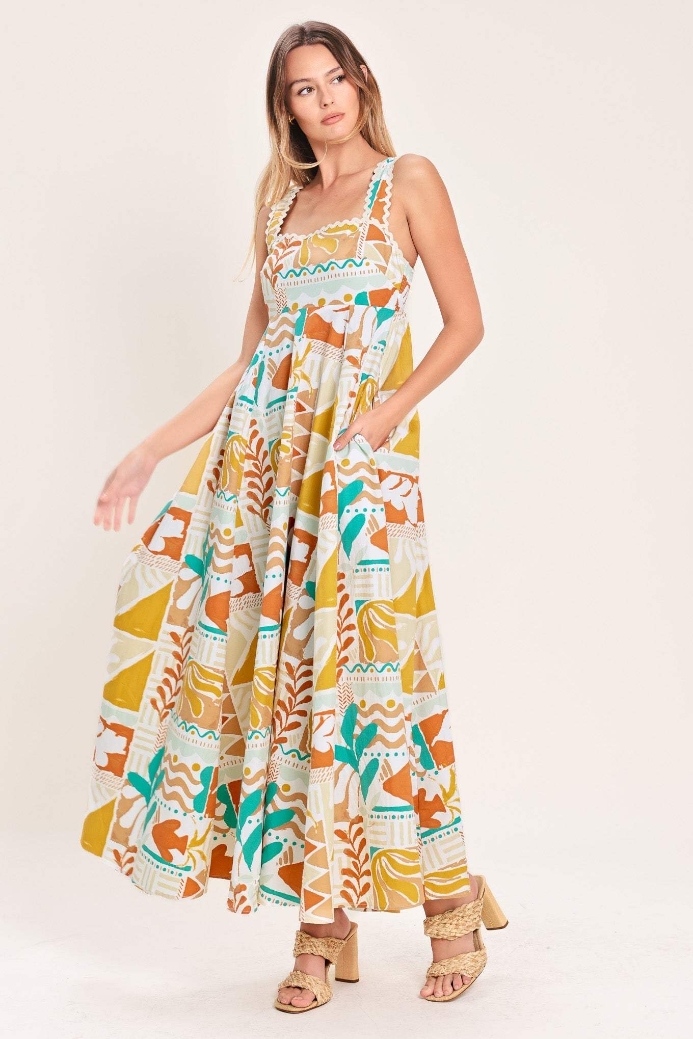 SUNSET MOSAIC WOVEN MIDI DRESS - Flying Tomato - Flyclothing LLC