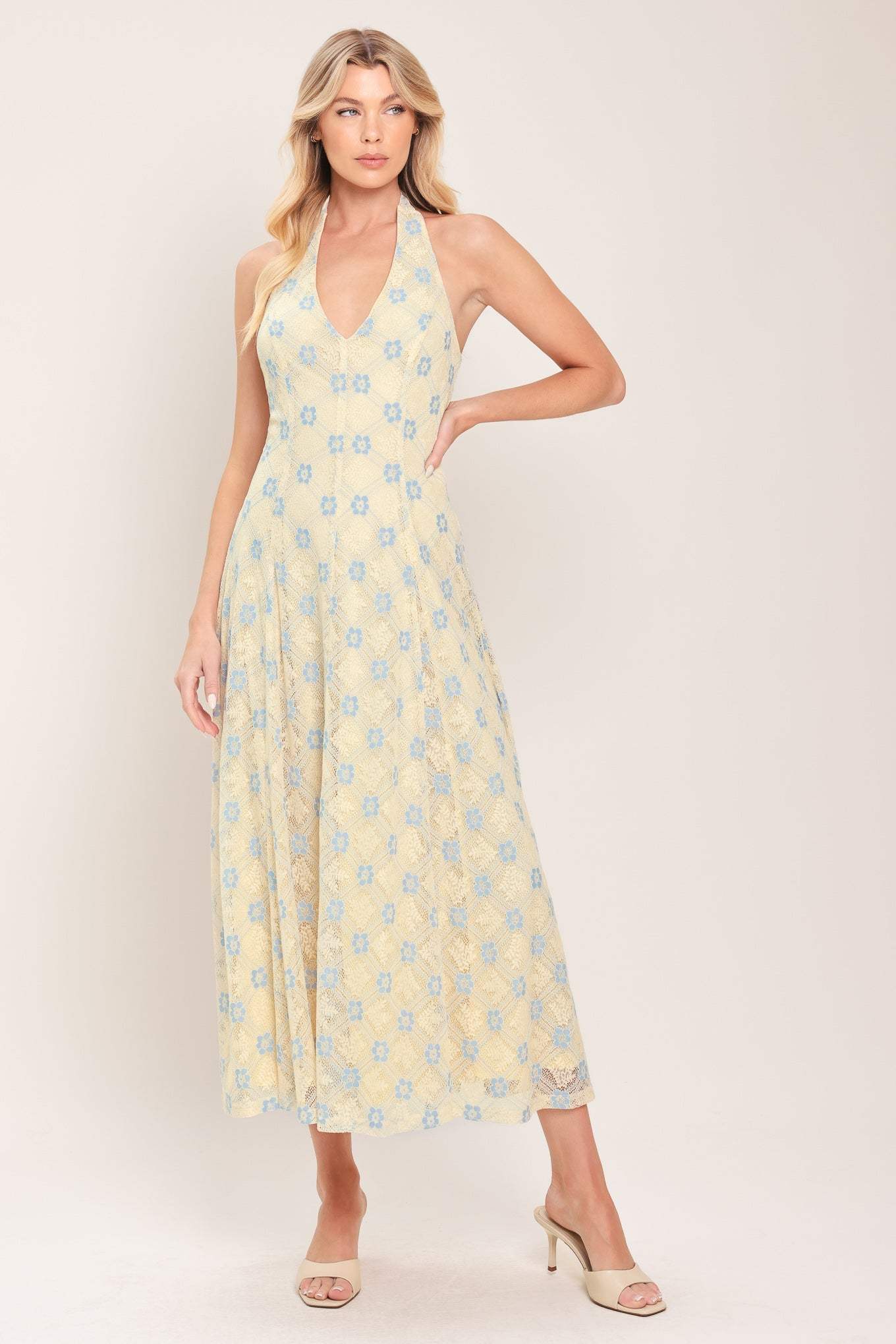 DELICATE BLOOM HALTER WOVEN LACE MIDI DRESS - Flying Tomato - Flyclothing LLC