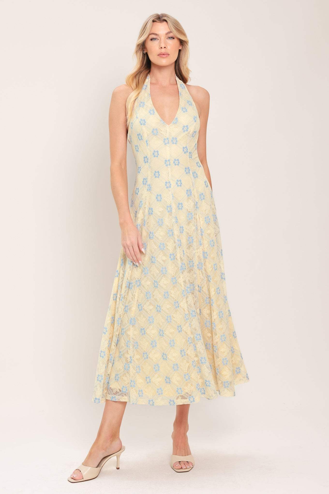 DELICATE BLOOM HALTER WOVEN LACE MIDI DRESS - Flying Tomato - Flyclothing LLC