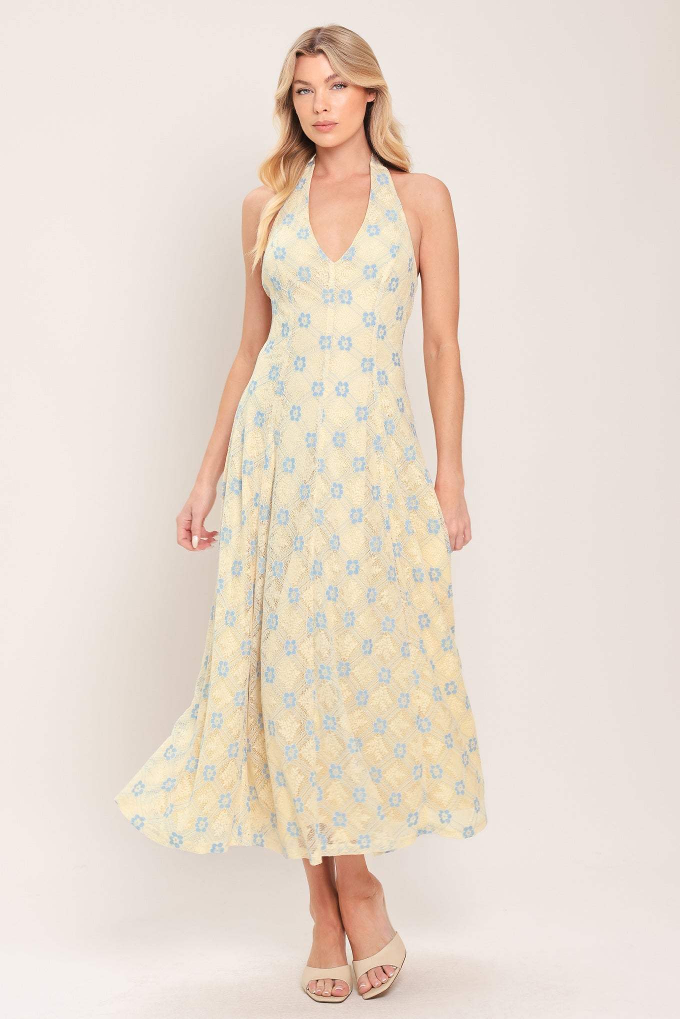 DELICATE BLOOM HALTER WOVEN LACE MIDI DRESS - Flying Tomato - Flyclothing LLC