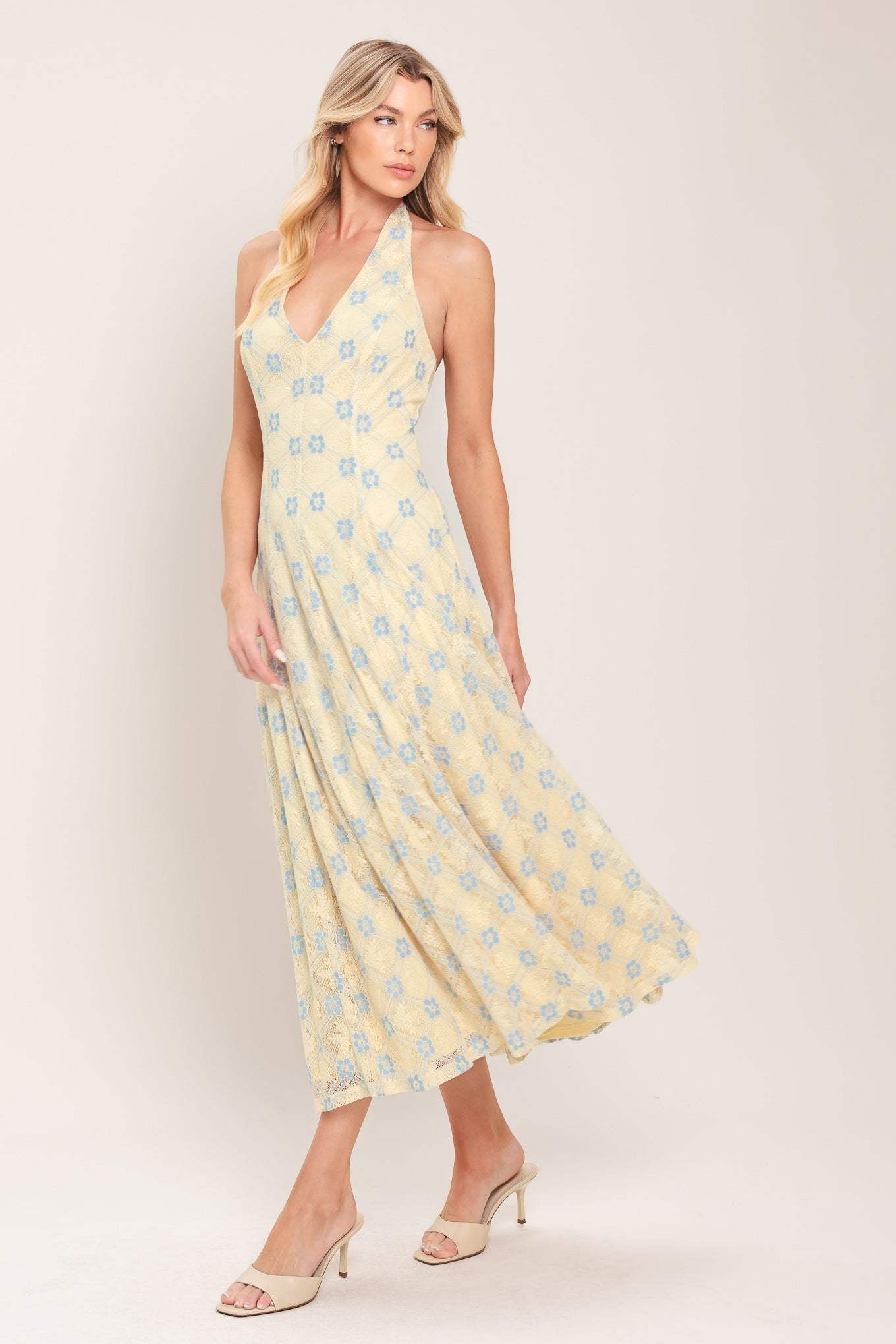 DELICATE BLOOM HALTER WOVEN LACE MIDI DRESS - Flying Tomato - Flyclothing LLC