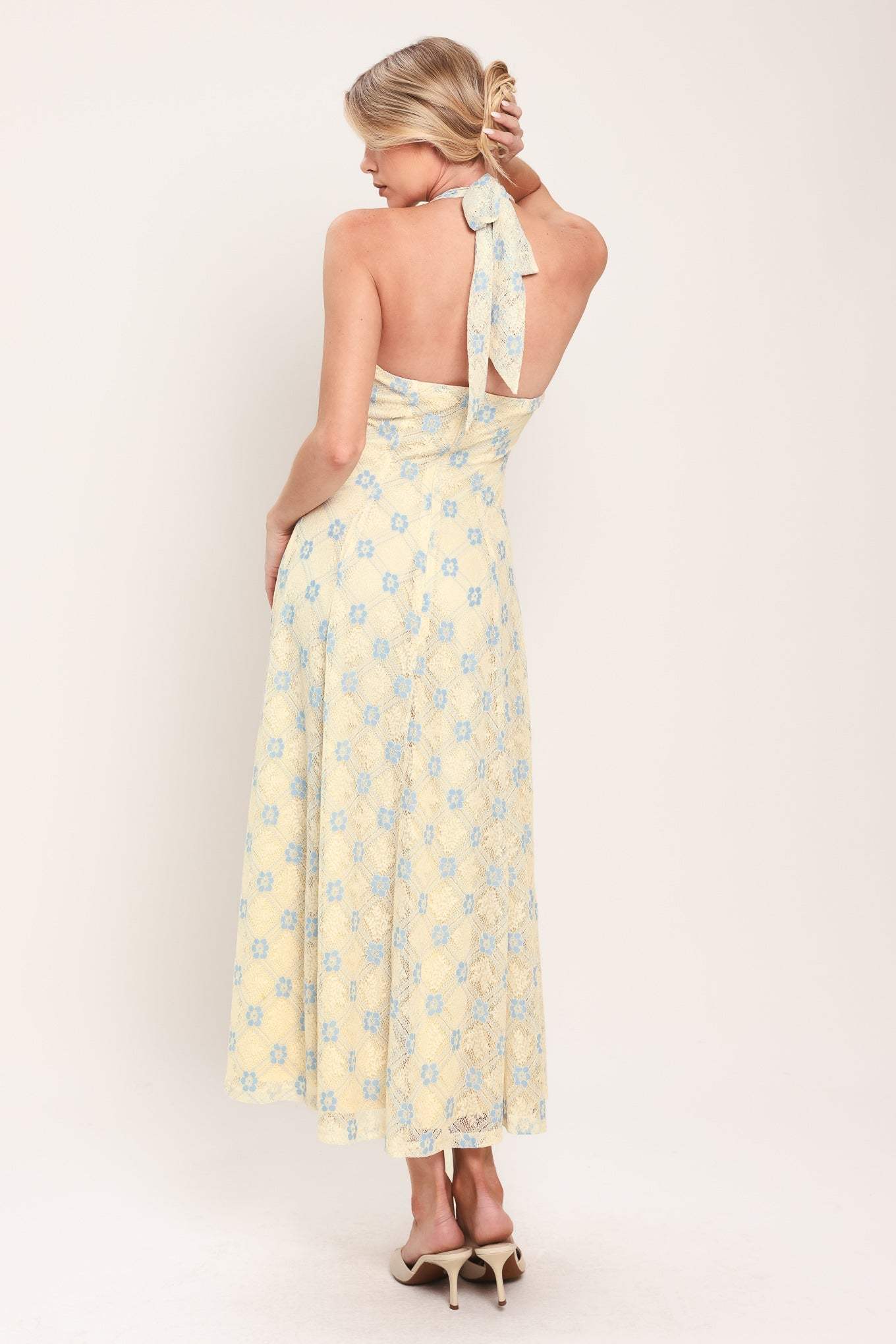 DELICATE BLOOM HALTER WOVEN LACE MIDI DRESS - Flying Tomato - Flyclothing LLC