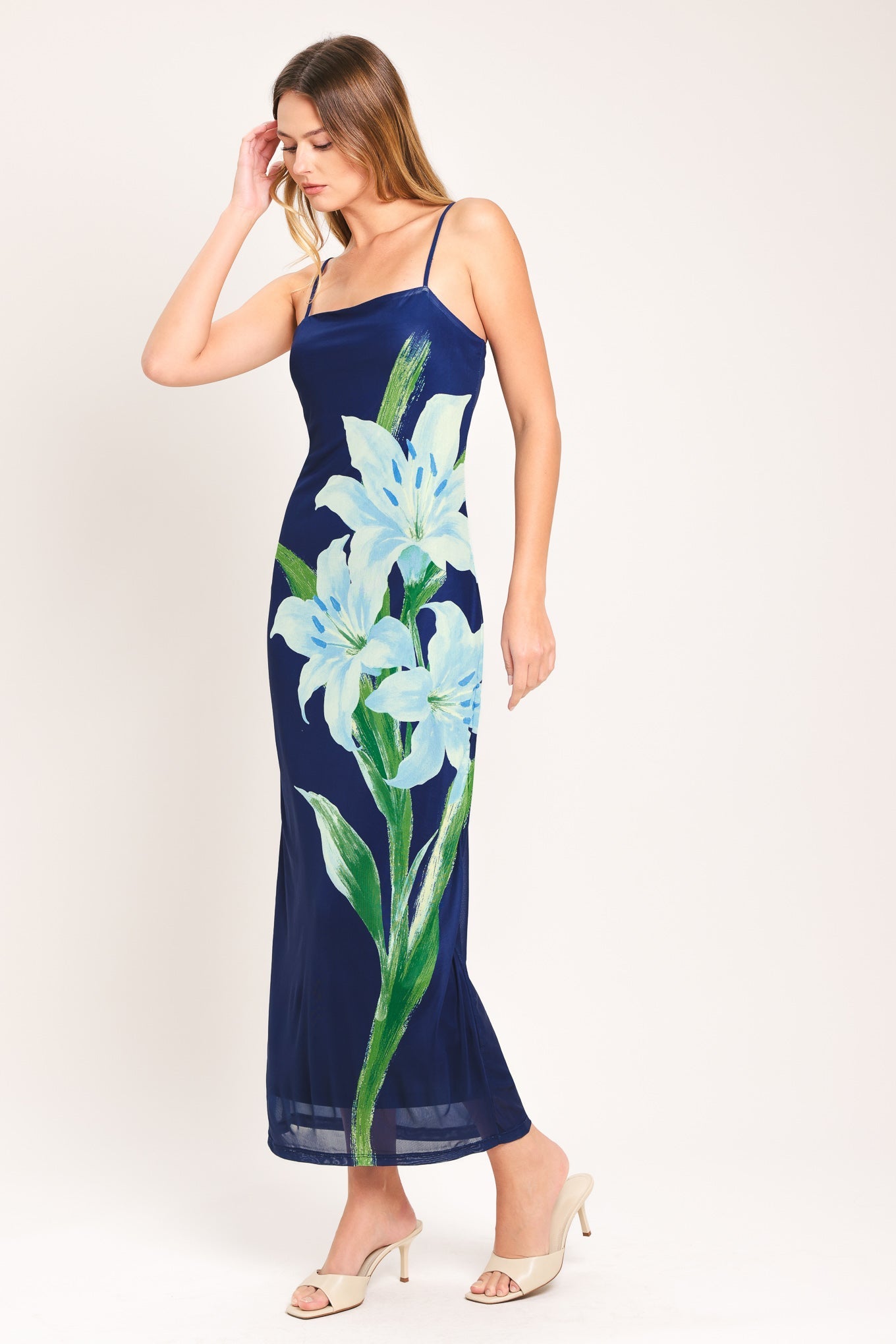 DEEP BLOOM POWER MESH MIDI DRESS