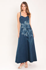 MIDNIGHT BLOOM DENIM MIDI DRESS - Flying Tomato - Flyclothing LLC