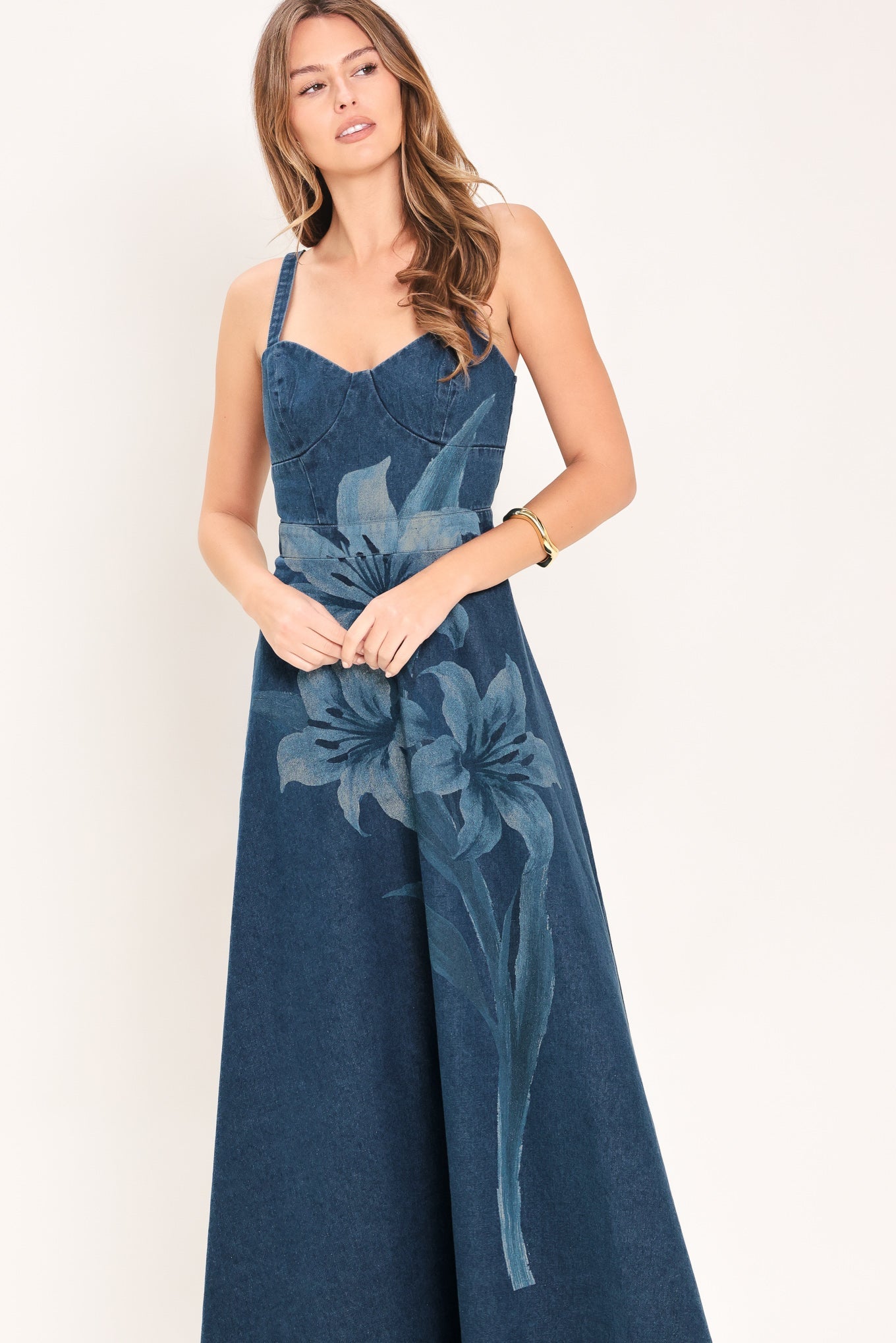 MIDNIGHT BLOOM DENIM MIDI DRESS - Flying Tomato - Flyclothing LLC