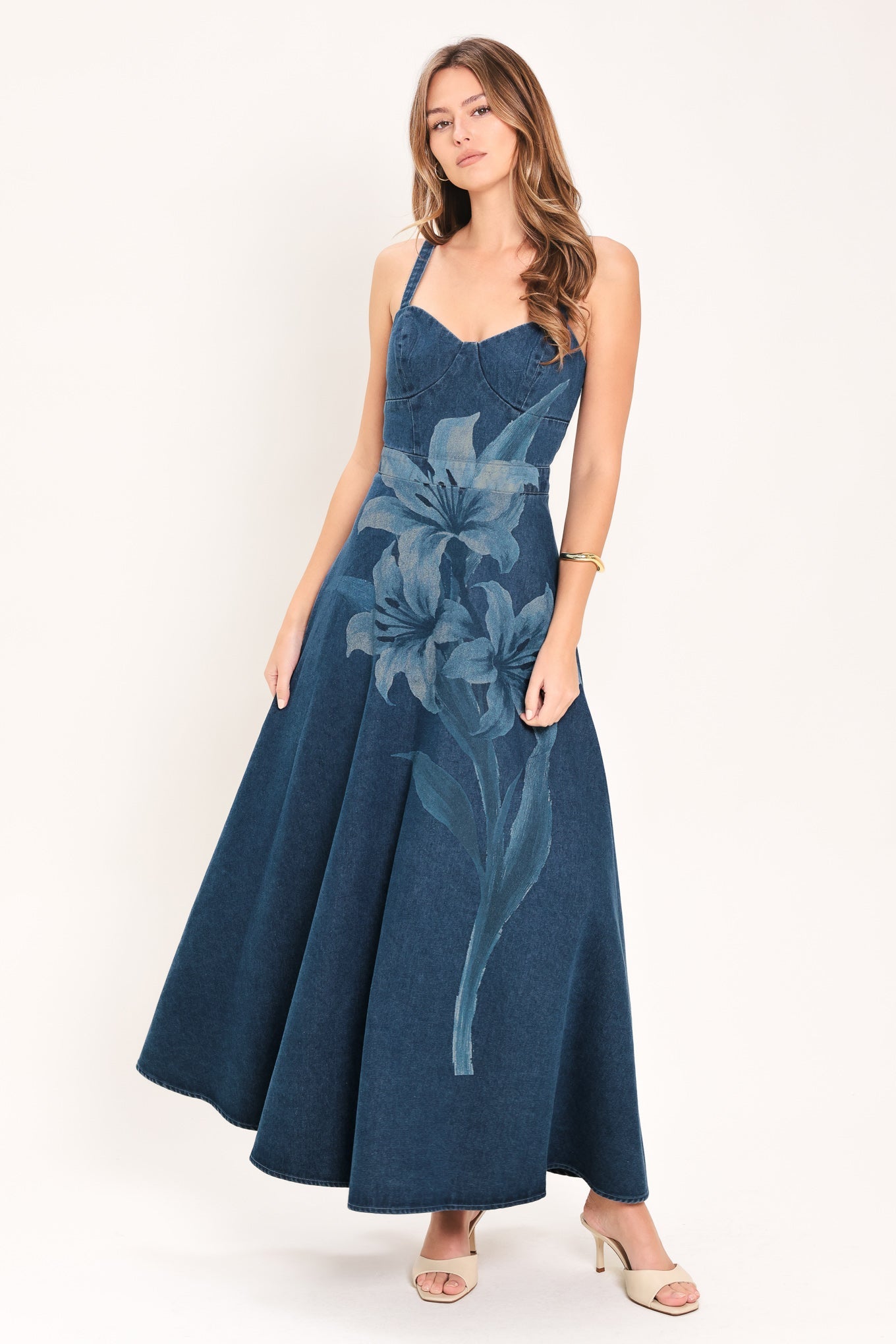 MIDNIGHT BLOOM DENIM MIDI DRESS - Flying Tomato - Flyclothing LLC