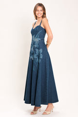 MIDNIGHT BLOOM DENIM MIDI DRESS - Flying Tomato - Flyclothing LLC