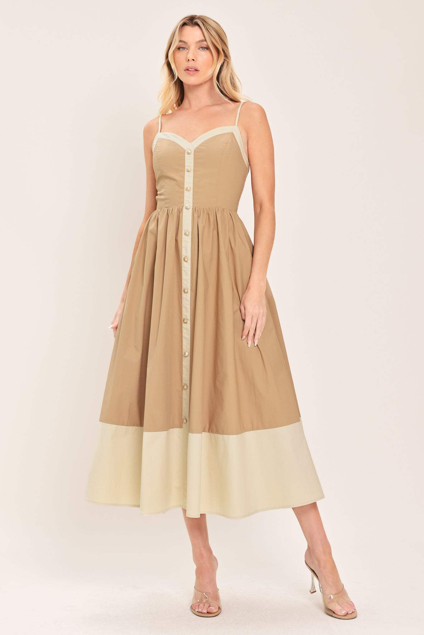 SANDSTONE SWEETHEART WOVEN MIDI DRESS - Flying Tomato - Flyclothing LLC