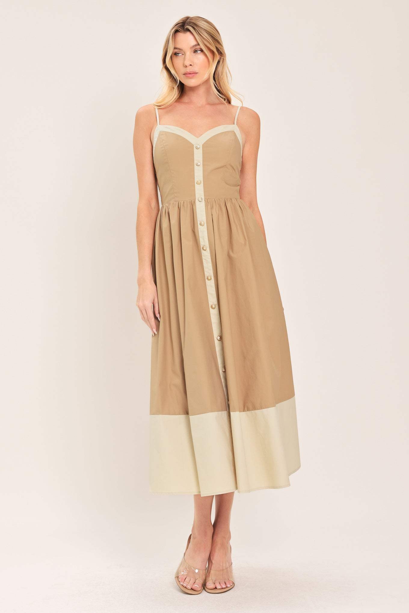 SANDSTONE SWEETHEART WOVEN MIDI DRESS - Flying Tomato - Flyclothing LLC