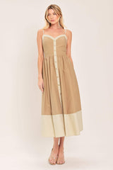 SANDSTONE SWEETHEART WOVEN MIDI DRESS - Flying Tomato - Flyclothing LLC