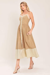 SANDSTONE SWEETHEART WOVEN MIDI DRESS - Flying Tomato - Flyclothing LLC