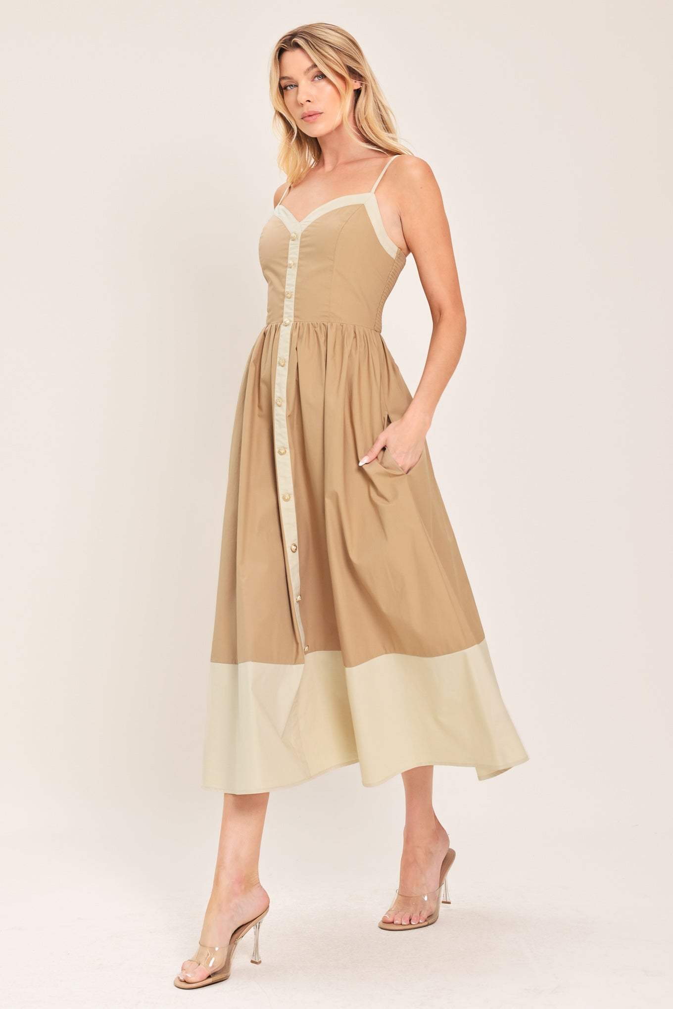 SANDSTONE SWEETHEART WOVEN MIDI DRESS - Flying Tomato - Flyclothing LLC