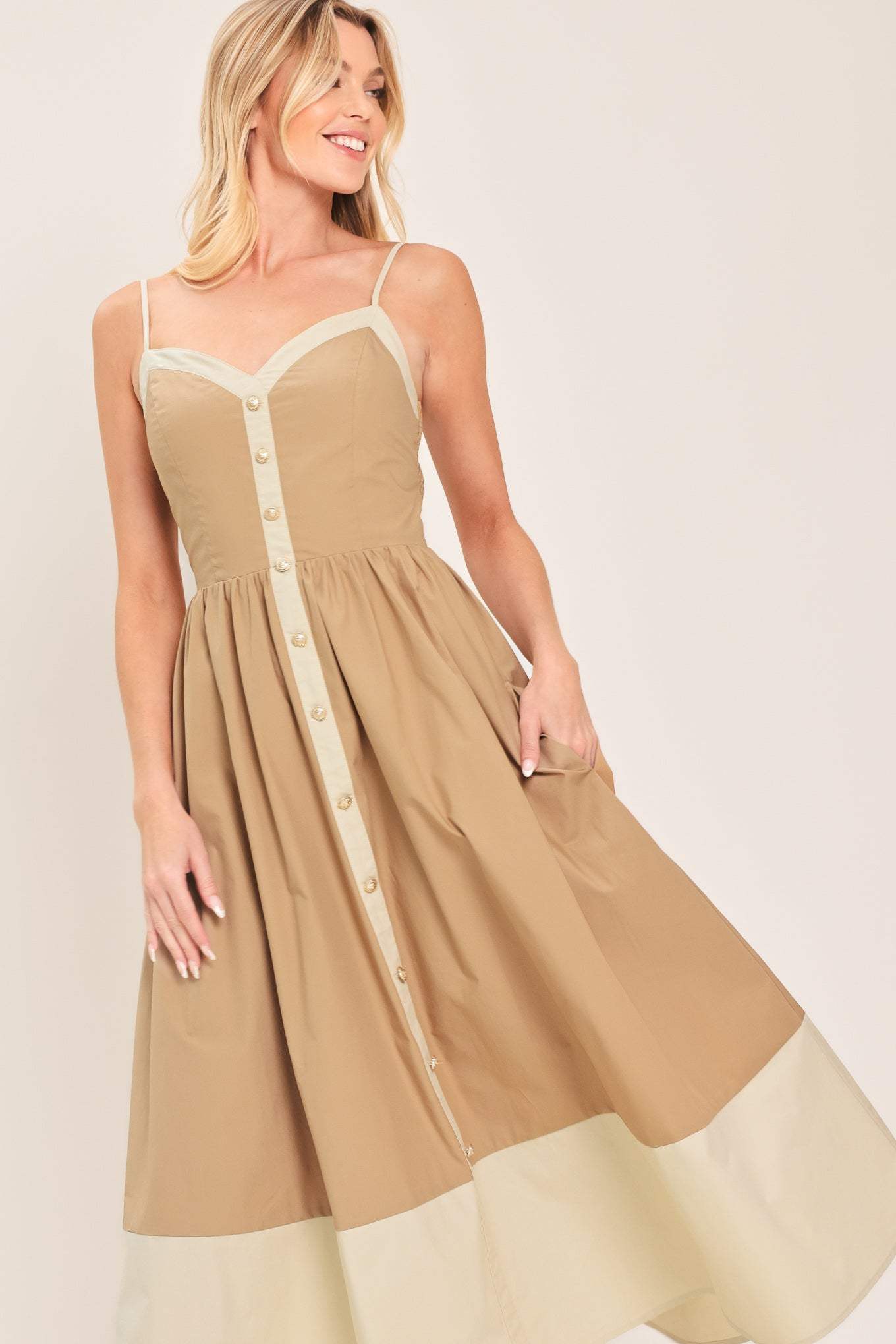 SANDSTONE SWEETHEART WOVEN MIDI DRESS - Flying Tomato - Flyclothing LLC