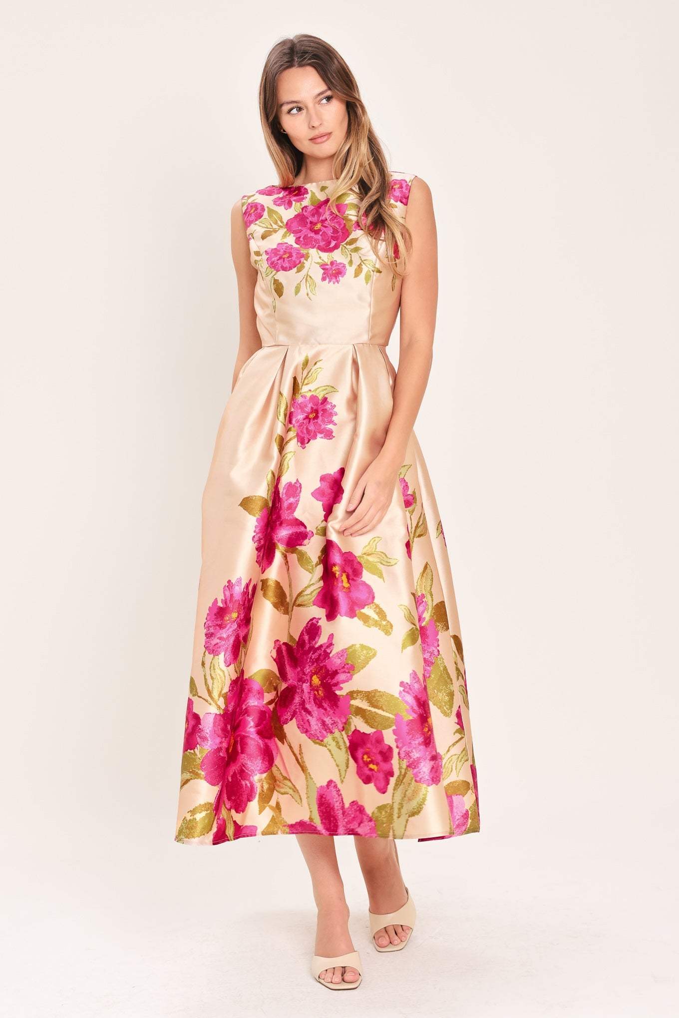 SOFT SATIN FLORAL WOVEN MIDI DRESS - Flying Tomato - Flyclothing LLC