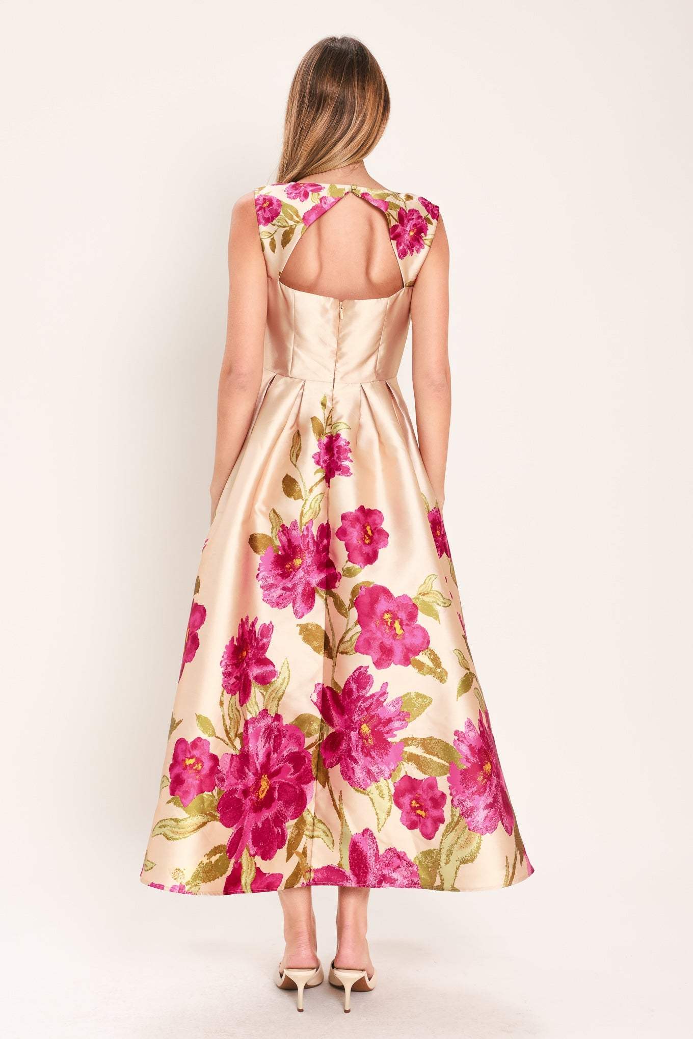 SOFT SATIN FLORAL WOVEN MIDI DRESS - Flying Tomato - Flyclothing LLC