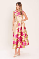 SOFT SATIN FLORAL WOVEN MIDI DRESS - Flying Tomato - Flyclothing LLC