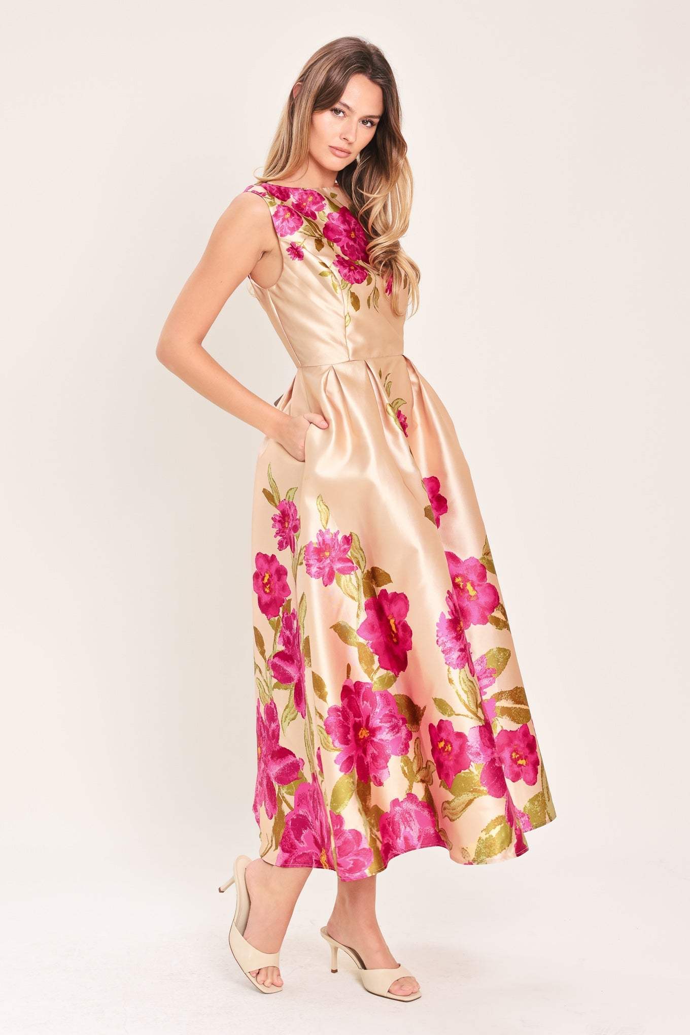 SOFT SATIN FLORAL WOVEN MIDI DRESS - Flying Tomato - Flyclothing LLC