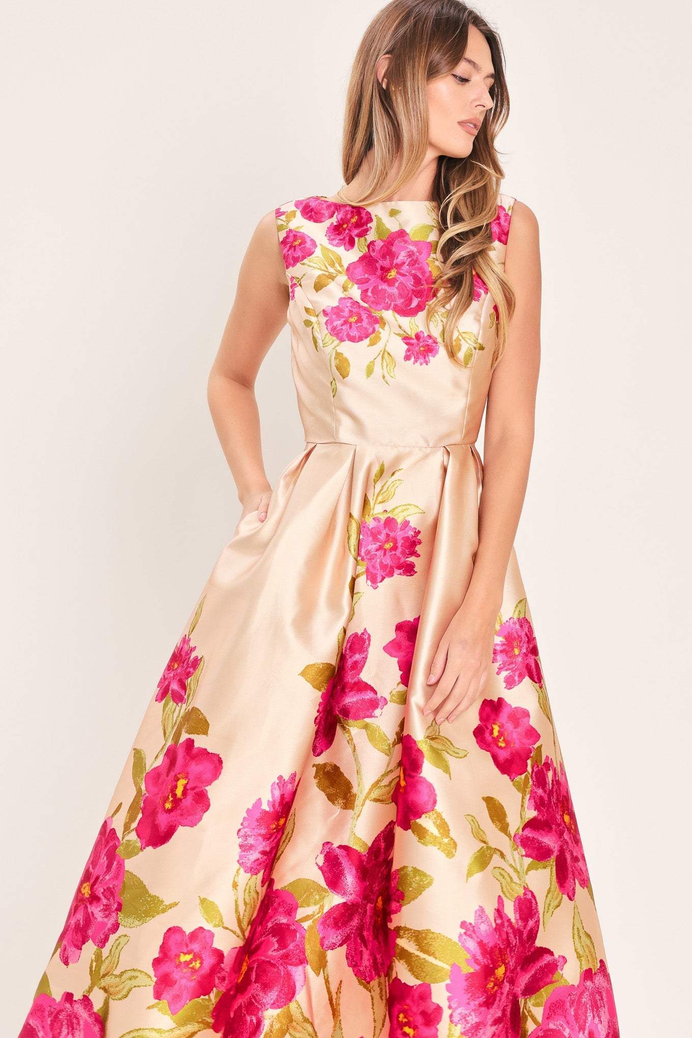 SOFT SATIN FLORAL WOVEN MIDI DRESS - Flying Tomato - Flyclothing LLC
