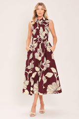 CLARET FLORAL DAY WOVEN MIDI DRESS