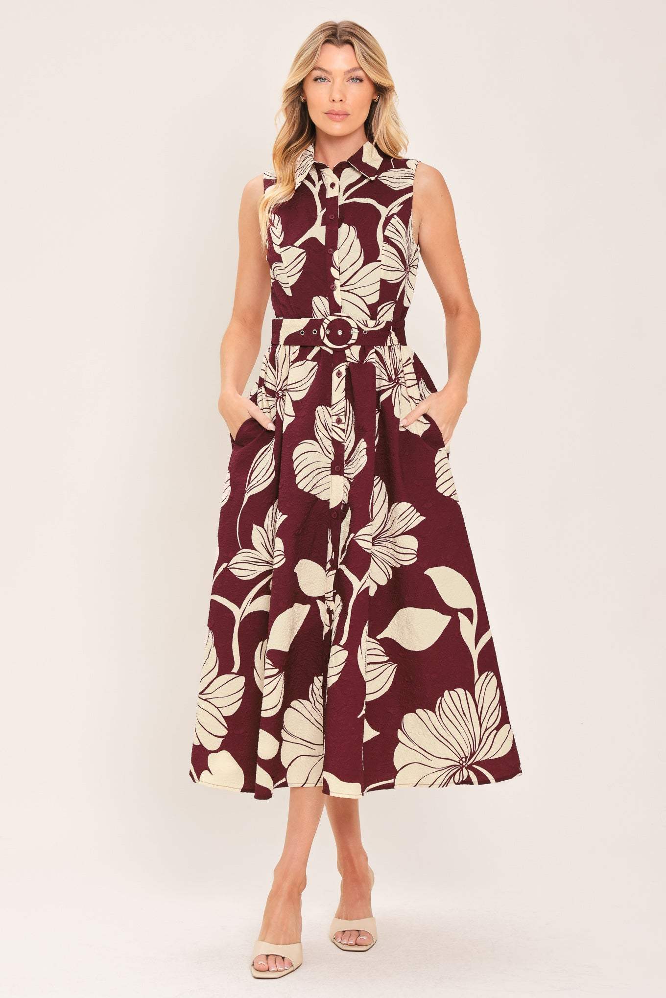 CLARET FLORAL DAY WOVEN MIDI DRESS