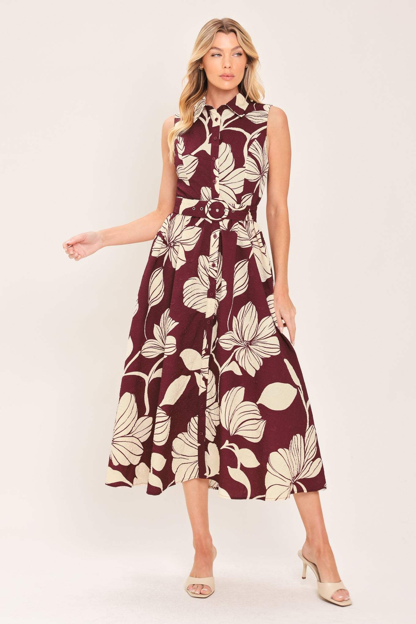 CLARET FLORAL DAY WOVEN MIDI DRESS