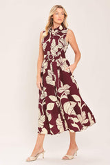 CLARET FLORAL DAY WOVEN MIDI DRESS