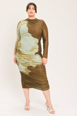 BROWN BLOSSOM CONTOUR POWER MESH MIDI DRESS - Flying Tomato - Flyclothing LLC