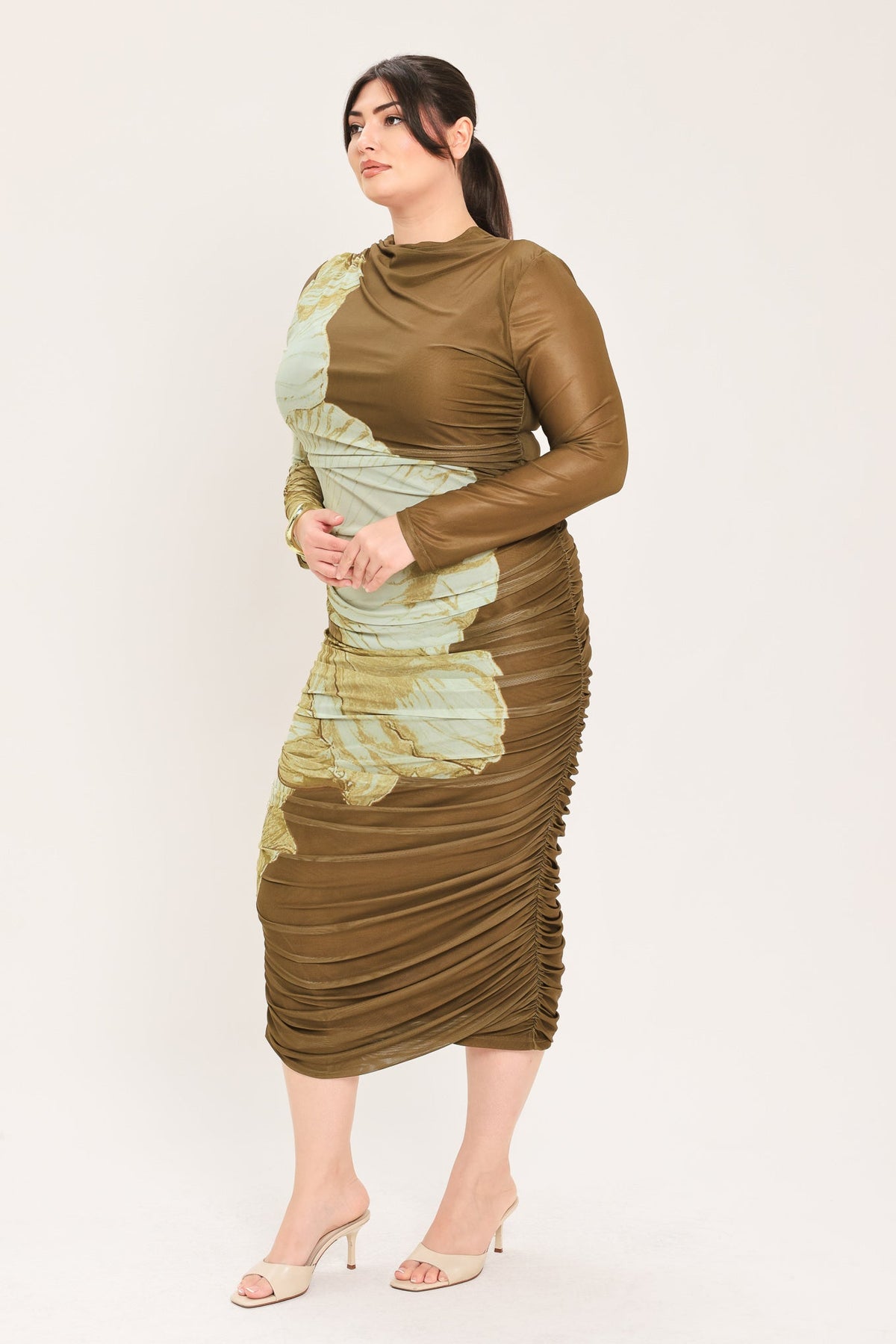 BROWN BLOSSOM CONTOUR POWER MESH MIDI DRESS - Flying Tomato - Flyclothing LLC