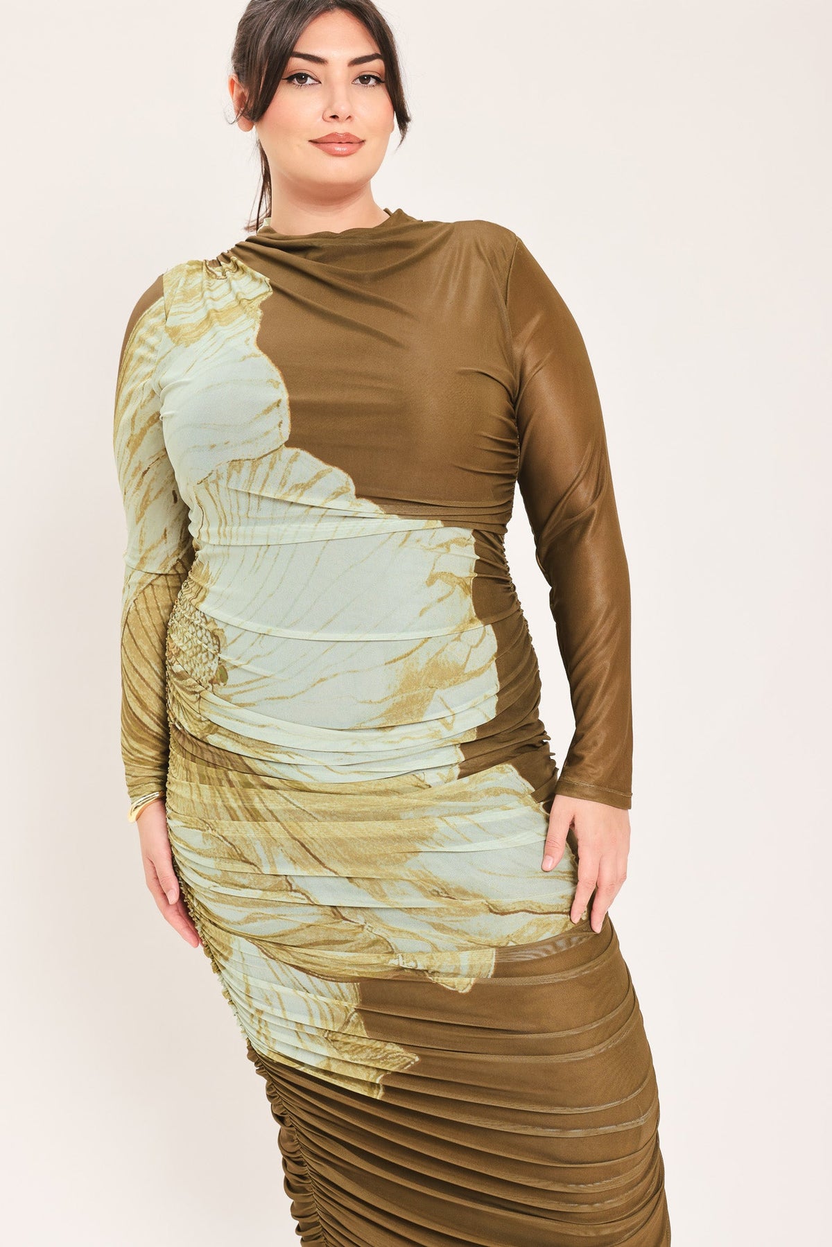 BROWN BLOSSOM CONTOUR POWER MESH MIDI DRESS - Flying Tomato - Flyclothing LLC