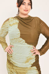 [PREORDER] BROWN BLOSSOM CONTOUR POWER MESH MIDI DRESS